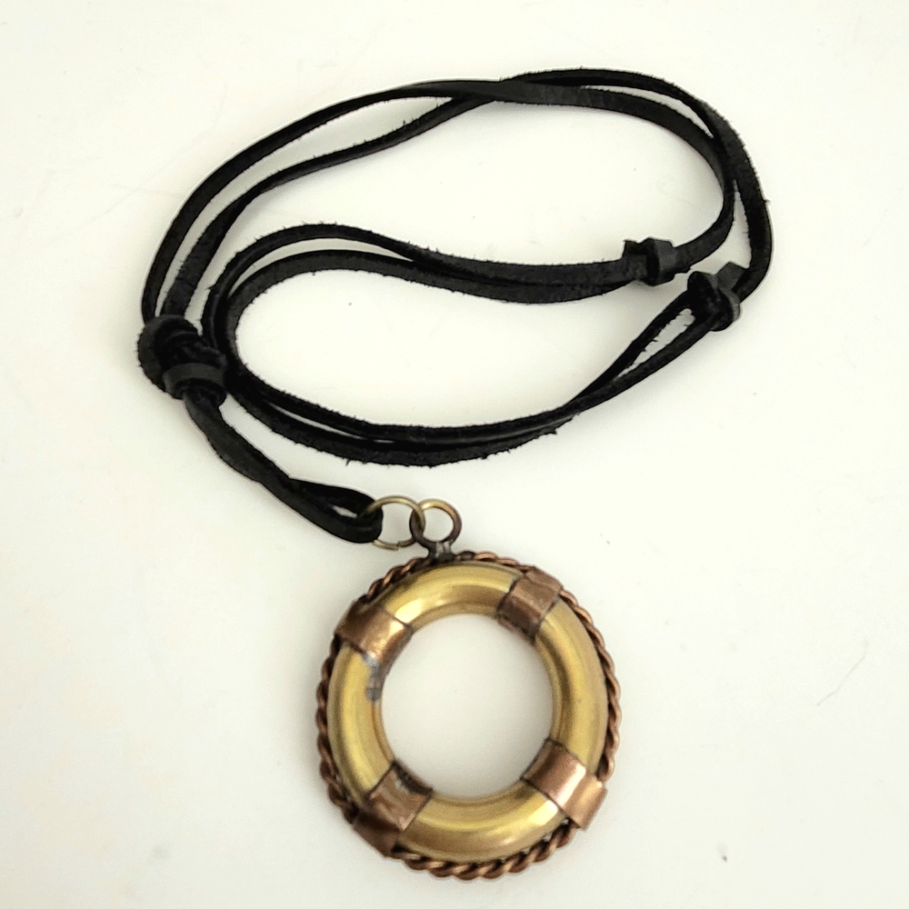 VTG Solid Brass Copper Heavy Circle Pendant, leather Cord adjustable necklace